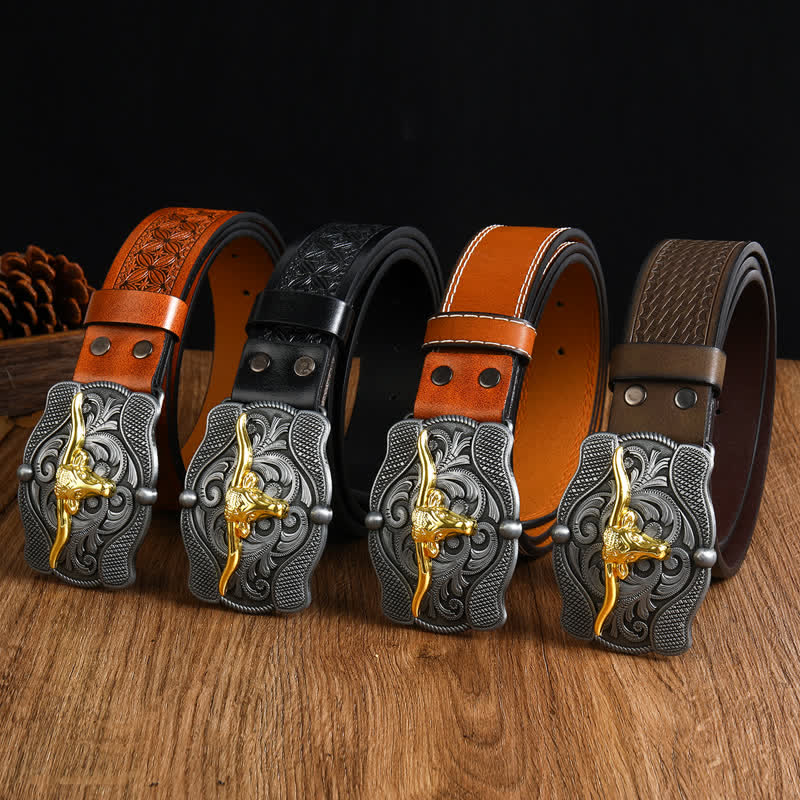 Cintura da uomo in pelle di toro Longhorn dorata quadrata - image 1