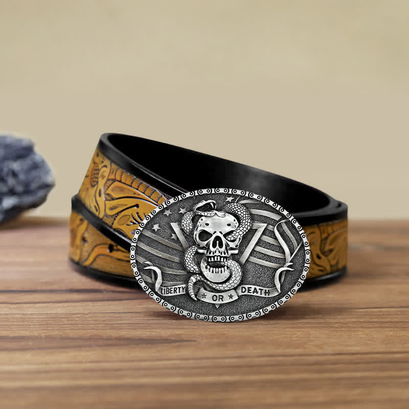 Cintura in pelle fai da te da uomo con fibbia a forma di teschio di serpente "Liberty or Death" - Argento antico - Cintura marrone sabbia (40) - image 21