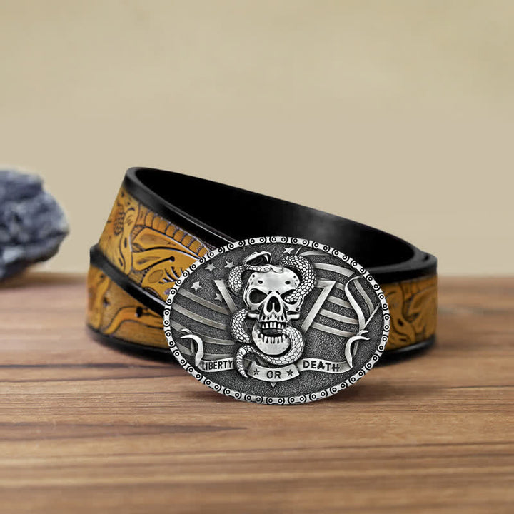 Cintura in pelle fai da te da uomo con fibbia a forma di teschio di serpente "Liberty or Death" - Argento antico - Cintura marrone sabbia (40) - image 21