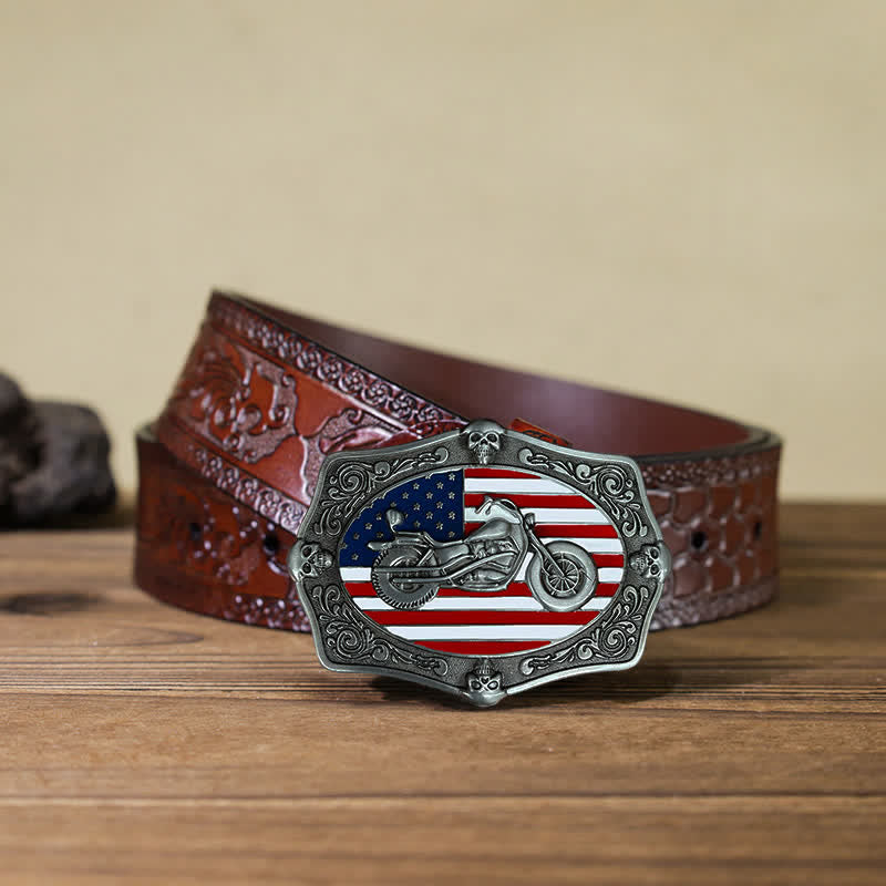 Cintura in pelle con fibbia a forma di teschio con bandiera USA, fai da te, da uomo - Motociclo - Cintura marrone intagliata (40) - image 11
