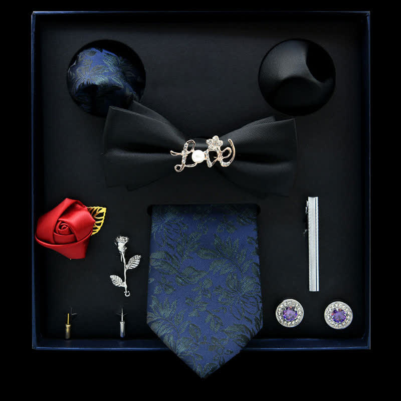 8 pezzi papillon casual con motivo floreale nero e blu in scatola regalo - Nero e blu - image 0