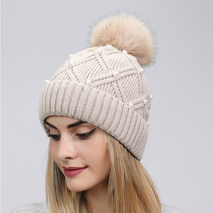 Cappello lavorato a maglia elasticizzato con pompon e perle carine da donna - Cachi - Regolabile (21 5/8"-23 5/8") - image 0