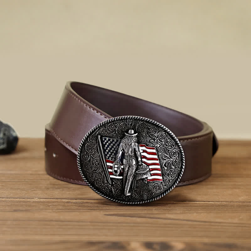 Cintura in pelle con fibbia della bandiera americana da cowboy fai da te da uomo - Argento antico - Cintura PU marrone (40) - image 12
