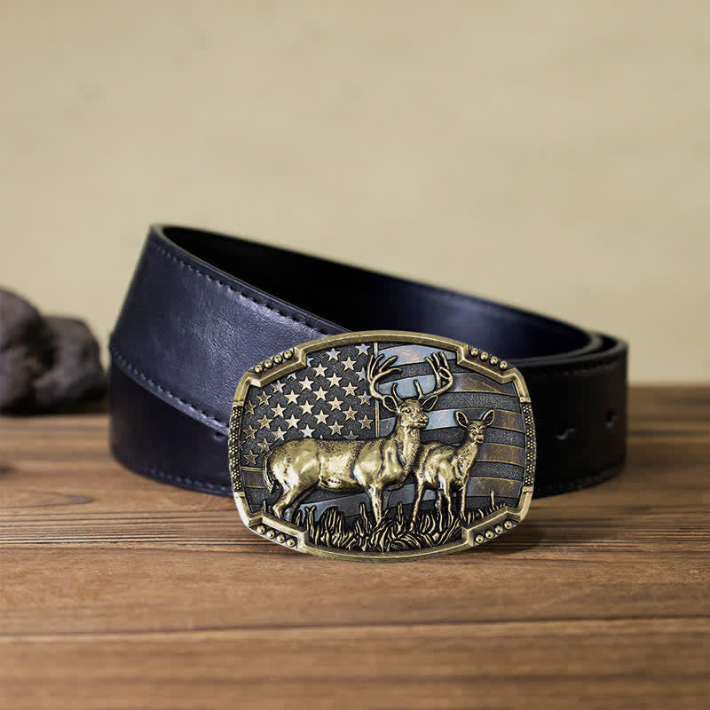 Cintura in pelle con fibbia della bandiera americana da cacciatore di cervi fai da te da uomo - Cervi d'oro - Cintura PU nera (40) - image 10