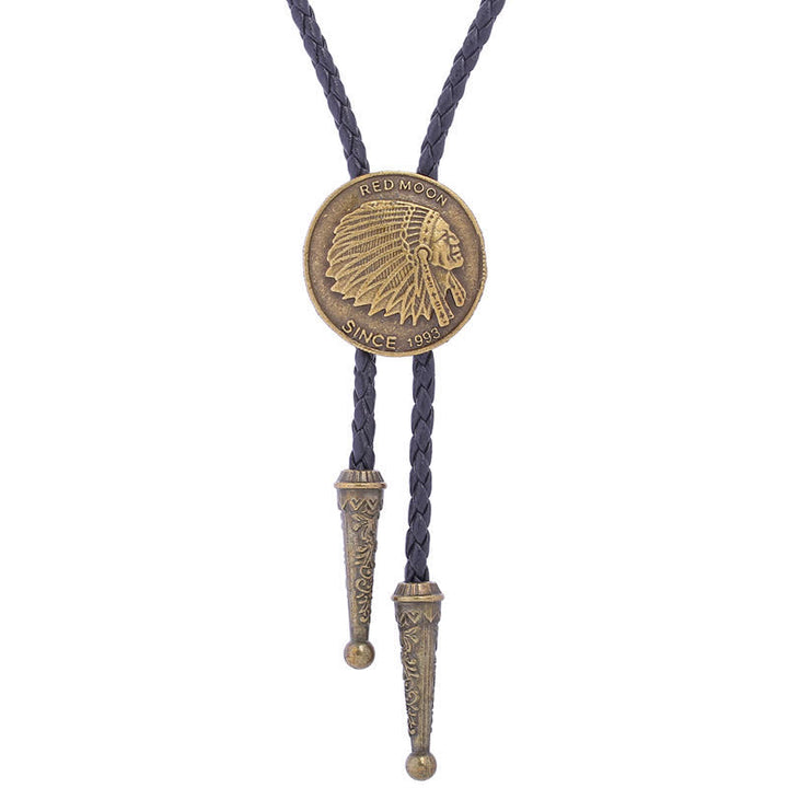 Cravatta Bolo classica in stile tribale con testa indiana - Oro antico - image 1
