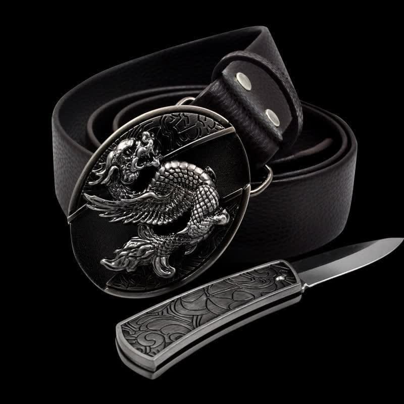 Cintura in pelle da uomo con drago volante e coltello pieghevole - Drago - 46 - image 0