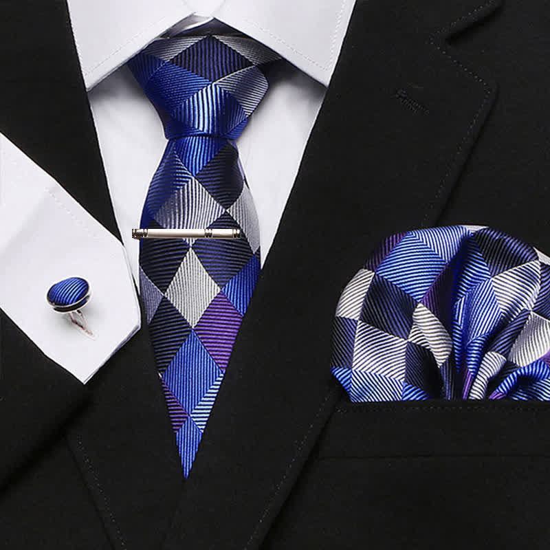 Set di 4 cravatte a quadri blu navy e bianche da uomo - Blu marino e bianco - image 0