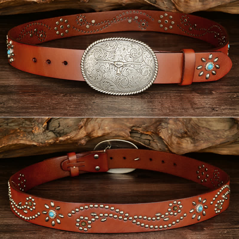 Cintura da uomo in vera pelle turchese con rivetto punk e corno di toro - image 12