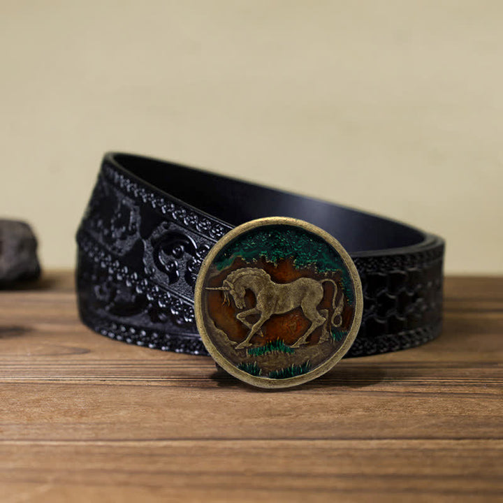Cintura in pelle con fibbia in bronzo antico con unicorno mistico fai da te da uomo - Unicorno - Cintura nera intagliata (40) - image 10