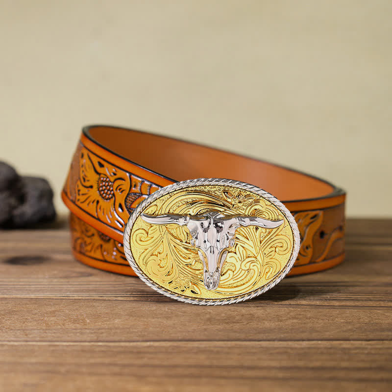 Cintura in pelle con fibbia a testa di toro dorata fai da te da uomo - Toro - Cintura intagliata arancione (40) - image 16