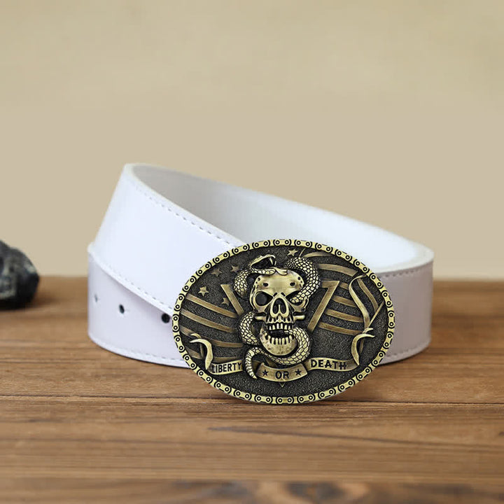 Cintura in pelle fai da te da uomo con fibbia a forma di teschio di serpente "Liberty or Death" - Bronzo antico - Cintura PU bianca (40) - image 10