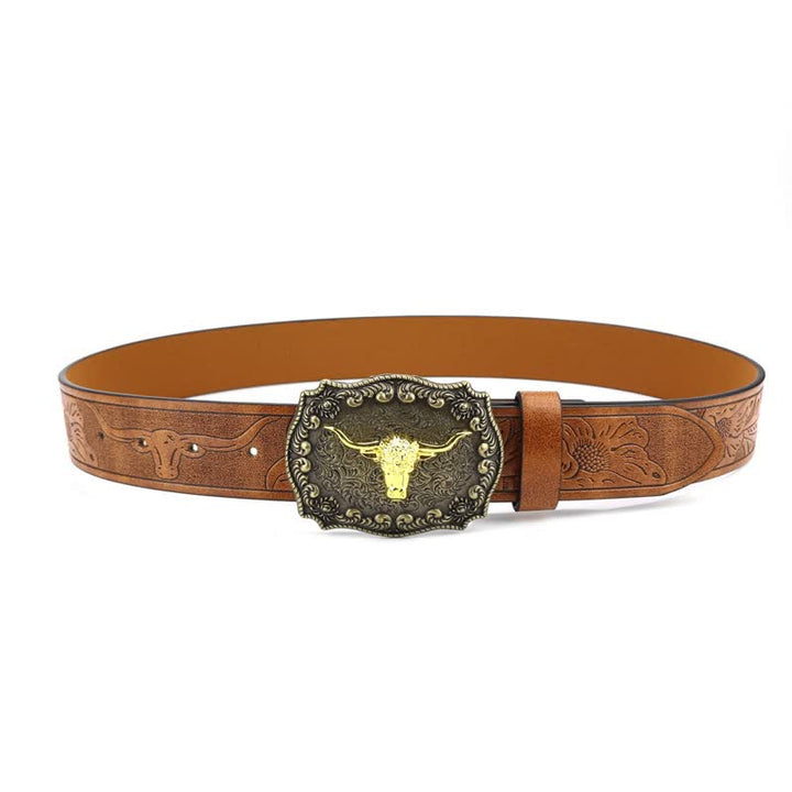 Cintura in pelle con fiore di toro inciso quadrato da uomo - image 1