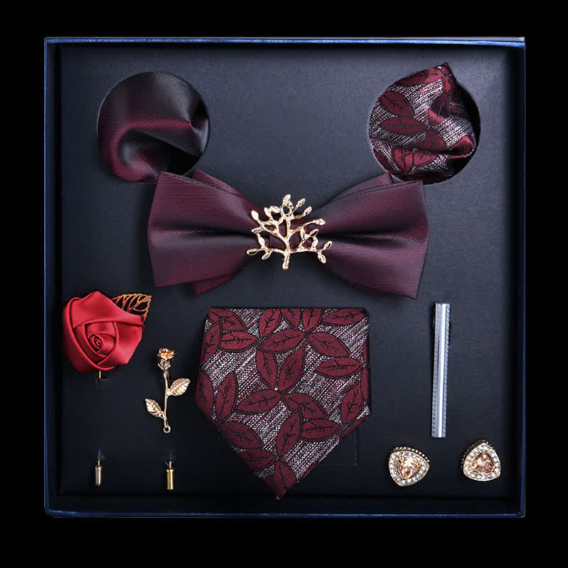 8 pezzi papillon casual con motivo floreale bordeaux in scatola regalo - Borgogna - image 0