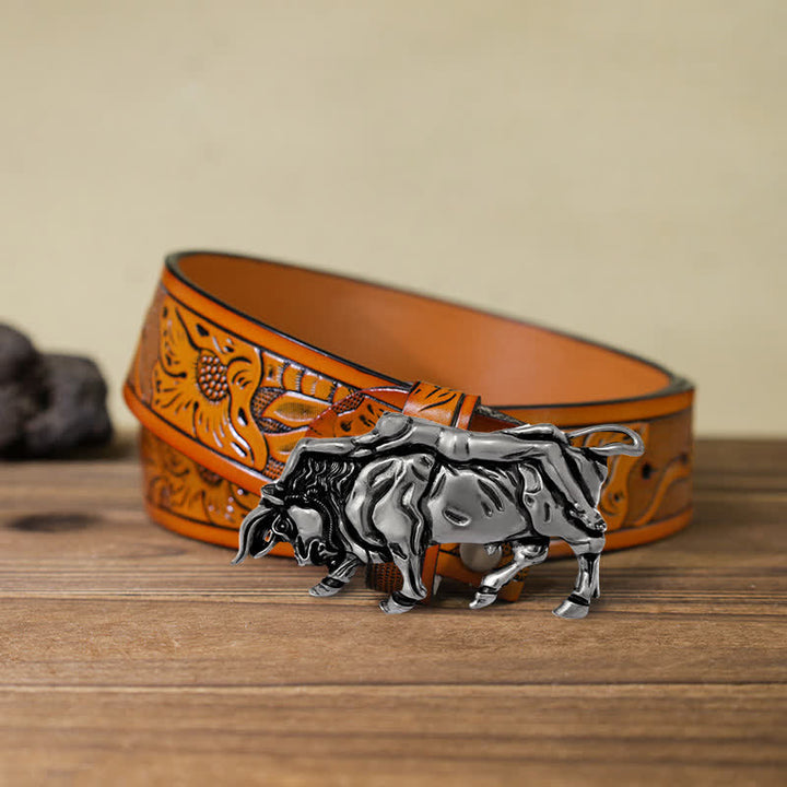 Cintura in pelle con fibbia a forma di toro in argento autentico fai da te da uomo - Toro - Cintura intagliata arancione (40) - image 16