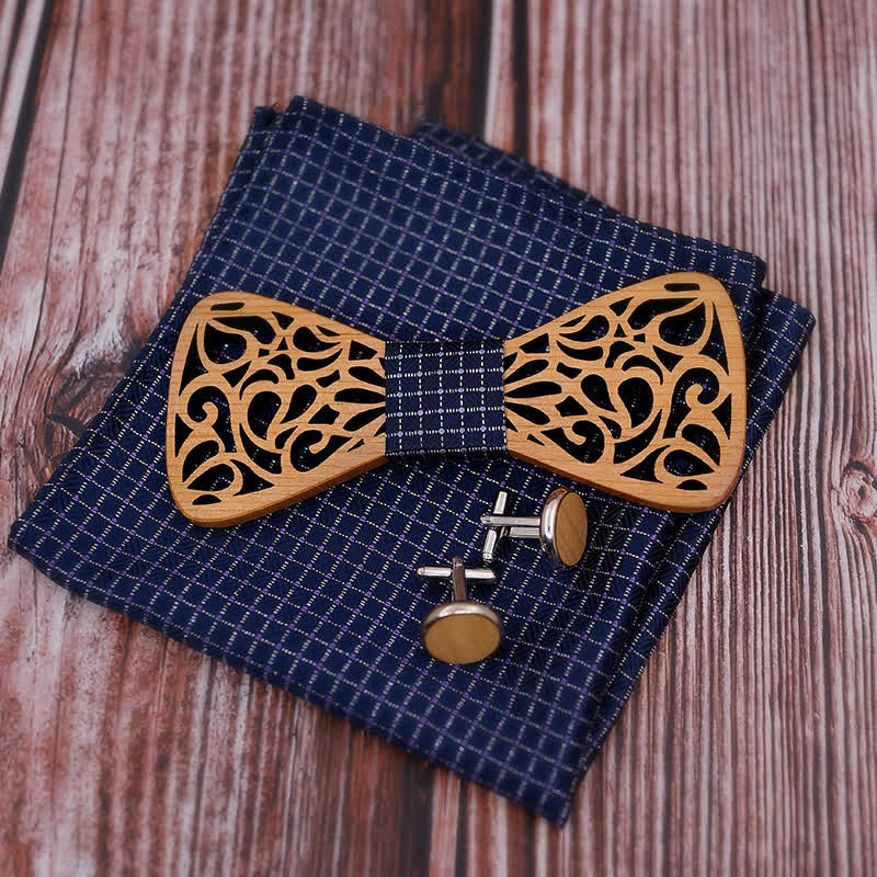 Set di 3 cravatte a farfalla in legno cavo vintage da uomo - image 1