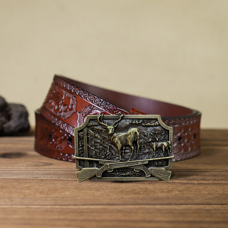 Cintura in pelle fai da te da uomo con fibbia da cacciatore di fucili da caccia - Bronzo antico - Cintura marrone intagliata (40) - image 17
