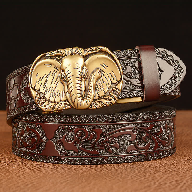 Cintura in pelle di elefante con grandi orecchie da uomo - Oro e marrone - 46 - image 0