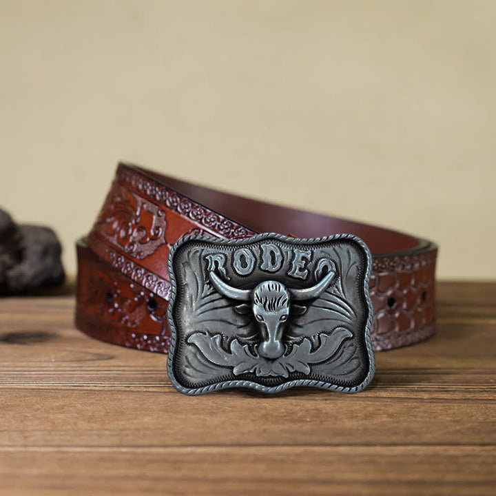 Cintura in pelle fai da te da uomo con fibbia da rodeo Longhorn Bull in argento - Toro dalle lunghe corna - Cintura marrone intagliata (40) - image 11