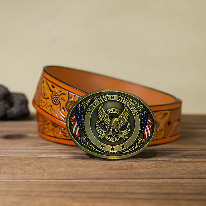 Cintura in pelle con fibbia porta birra creativa fai da te con bandiera USA e aquila da uomo - Bronzo - Cintura intagliata arancione (40) - image 33