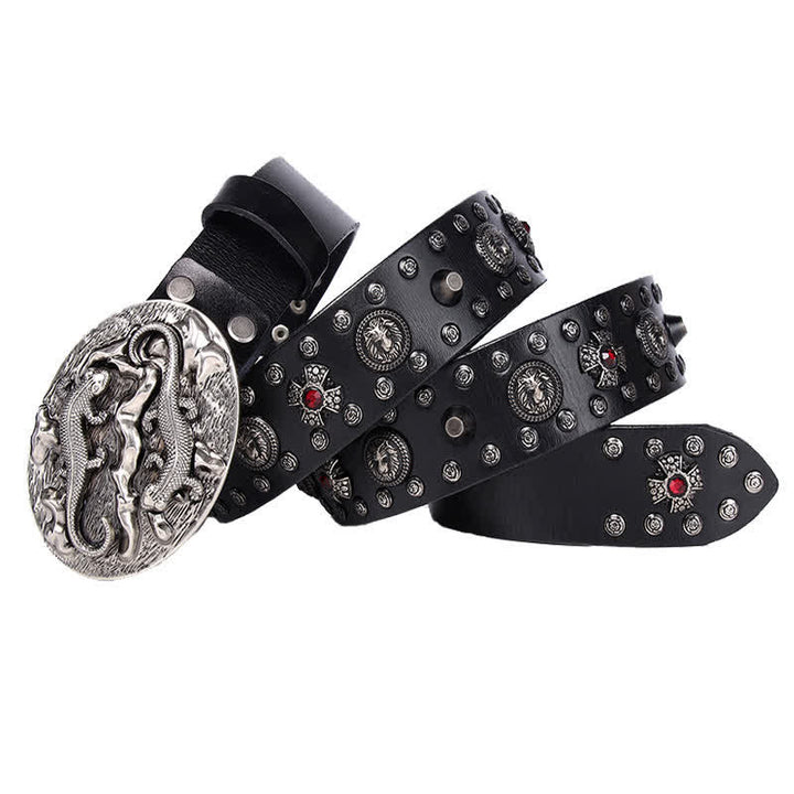 Cintura in pelle con ornamento leone rubino borchiato da uomo - Nero - 44 - image 0
