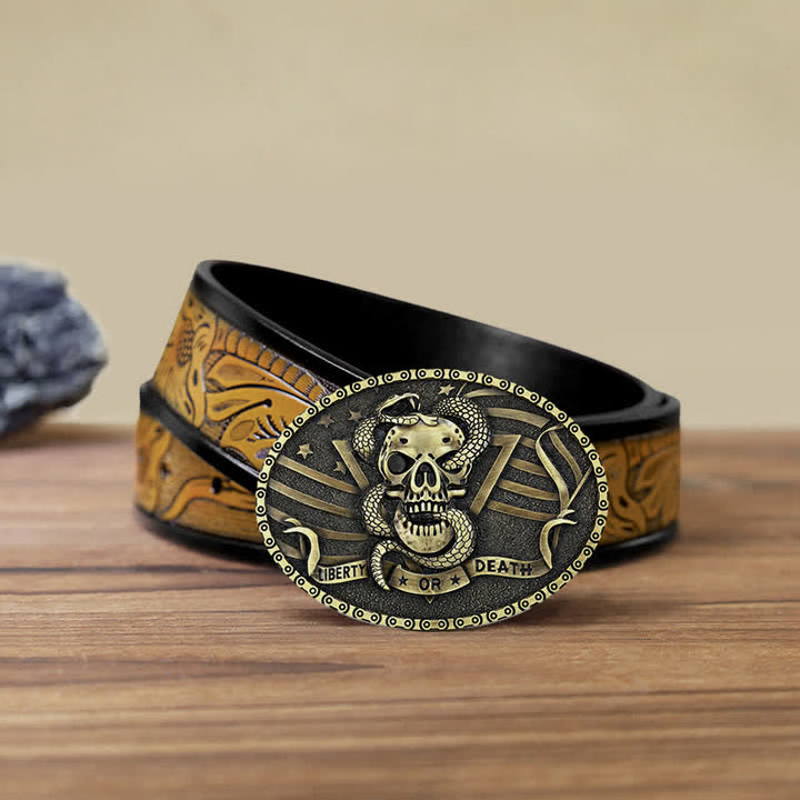 Cintura in pelle fai da te da uomo con fibbia a forma di teschio di serpente "Liberty or Death" - Bronzo antico - Cintura marrone sabbia (40) - image 22