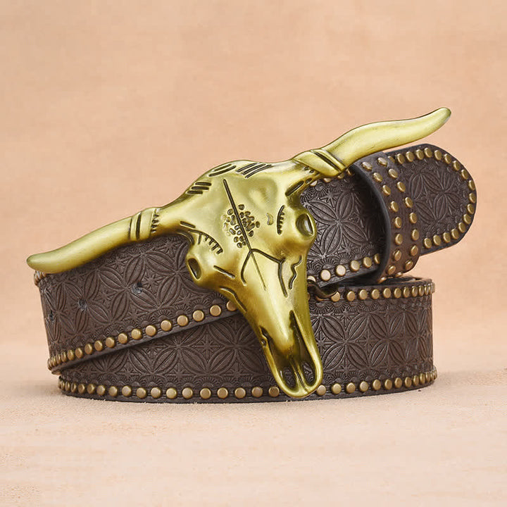 Cintura da uomo in pelle goffrata con rivetto a testa di bovino western - image 10