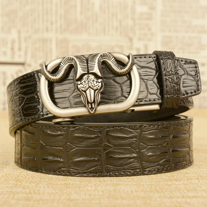Cintura da uomo in pelle con fibbia automatica e stampa coccodrillo con testa di capra - Nero / Argento - 46 - image 14