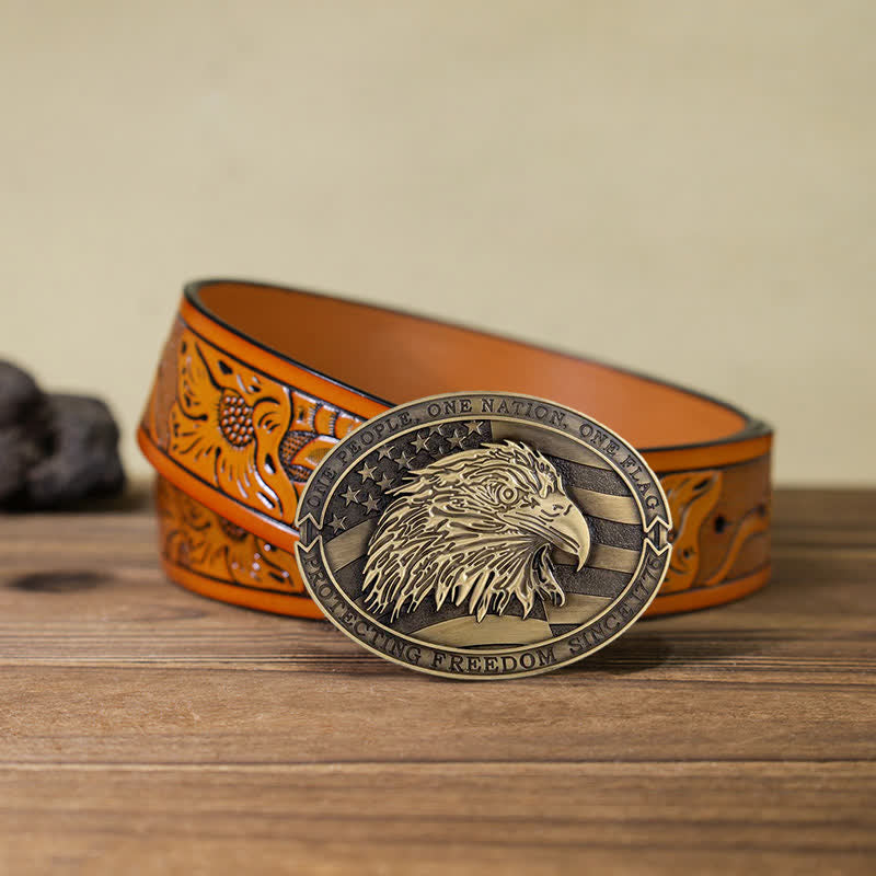 Cintura in pelle con fibbia della bandiera USA con aquila calva patriottica fai da te da uomo - Bronzo antico - Cintura intagliata arancione (40) - image 23