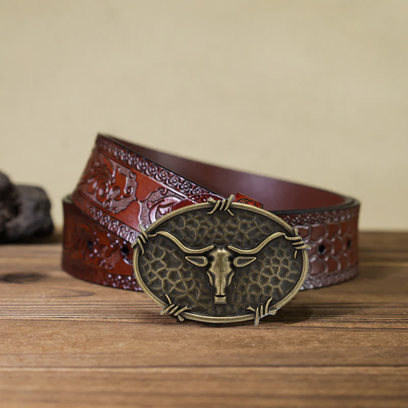 Cintura in pelle con fibbia martellata a forma di testa di toro da cowboy fai da te da uomo - Bronzo antico - Cintura marrone intagliata (40) - image 19