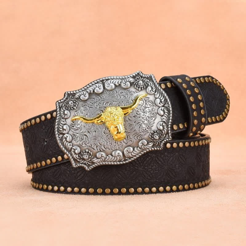 Cintura da uomo in pelle di toro con rivetti punk e corna lunghe dorate - image 7
