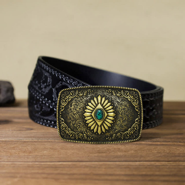 Cintura in pelle con fibbia western turchese quadrata fai da te da uomo - Oro antico - Cintura nera intagliata (40) - image 18