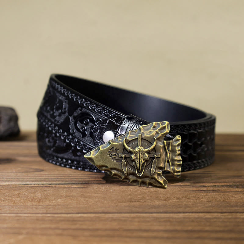Cintura in pelle con fibbia a forma di toro a forma di punta di freccia fai da te da uomo - Bronzo antico - Cintura nera intagliata (40) - image 15