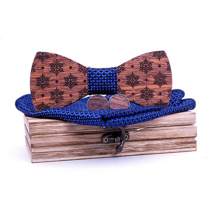 Set di 3 cravatte a farfalla in legno natalizie con motivo a fiocchi di neve da uomo - Blu scuro - image 8