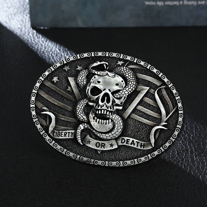 Cintura in pelle fai da te da uomo con fibbia a forma di teschio di serpente "Liberty or Death" - Argento antico - Senza cintura - image 0