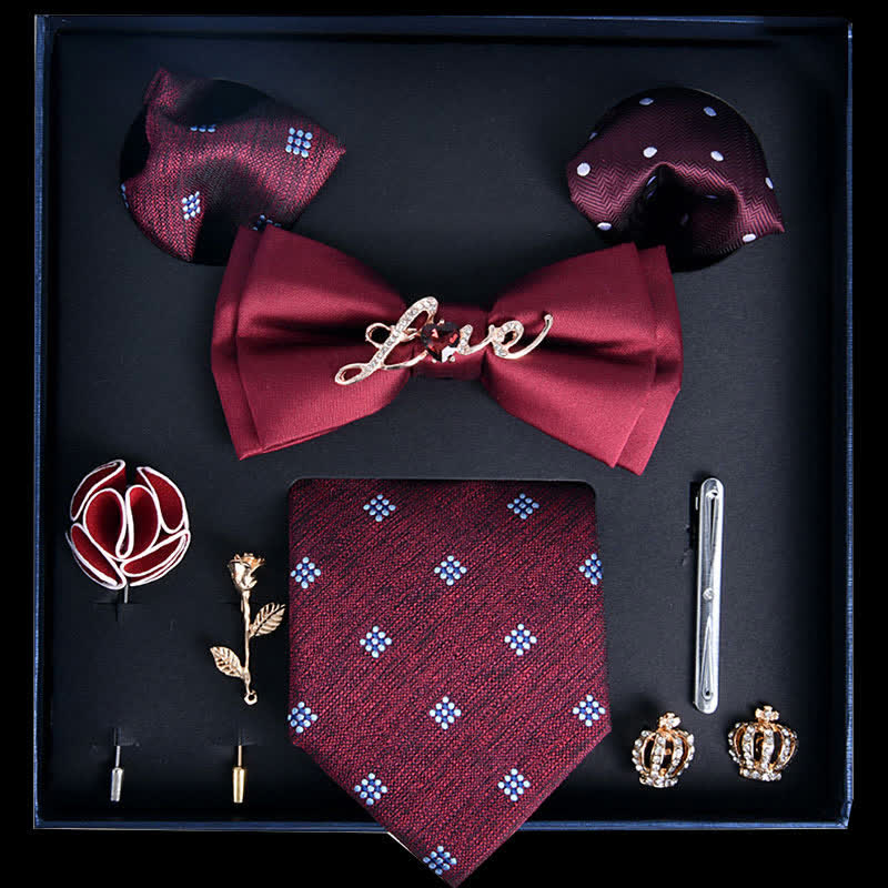 8 pezzi papillon stampati di lusso rosso e bordeaux in scatola regalo - Rosso e Borgogna - image 0
