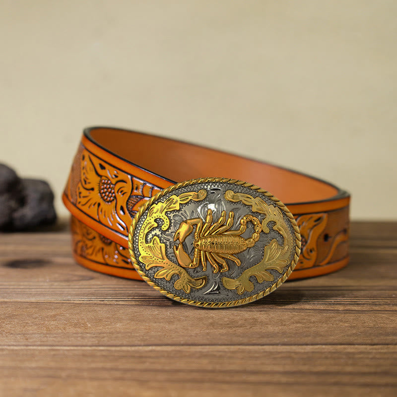 Cintura in pelle con fibbia a forma di scorpione dorato fai da te da uomo - Ovale - Cintura intagliata arancione (40) - image 25