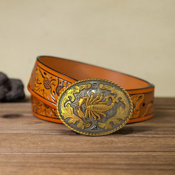 Cintura in pelle con fibbia a forma di scorpione dorato fai da te da uomo - Ovale - Cintura intagliata arancione (40) - image 25