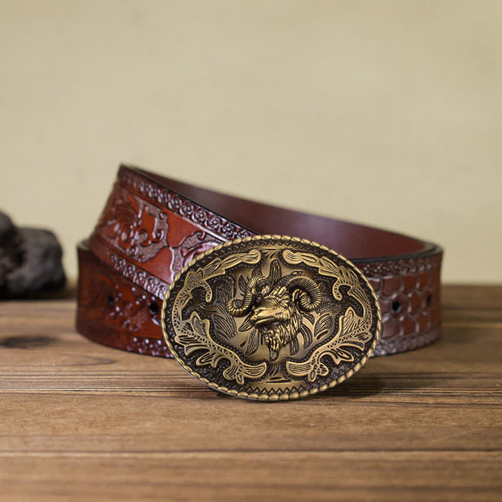 Cintura in pelle con fibbia a forma di testa di capra selvatica in bronzo fai da te da uomo - Capra selvatica - Cintura marrone intagliata (40) - image 11