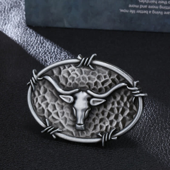 Cintura in pelle con fibbia martellata a forma di testa di toro da cowboy fai da te da uomo - Argento antico - Senza cintura - image 0