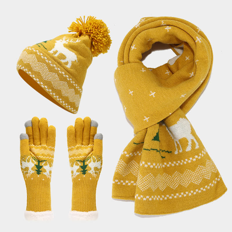 3 pezzi da donna renna albero jacquard cappello sciarpa guanti set - Giallo - Regolabile (circa 21 5/8"-23 5/8") - image 14