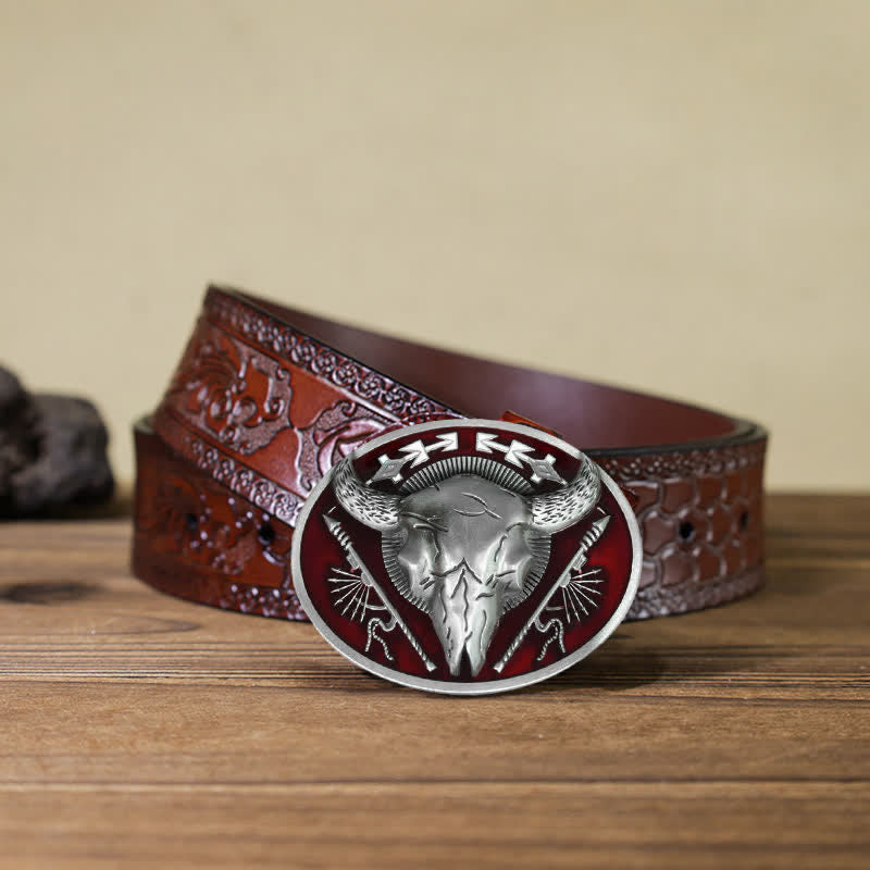 Cintura in pelle con fibbia a forma di teschio di toro a tema indiano fai da te da uomo - Rosso scuro - Cintura marrone intagliata (40) - image 12