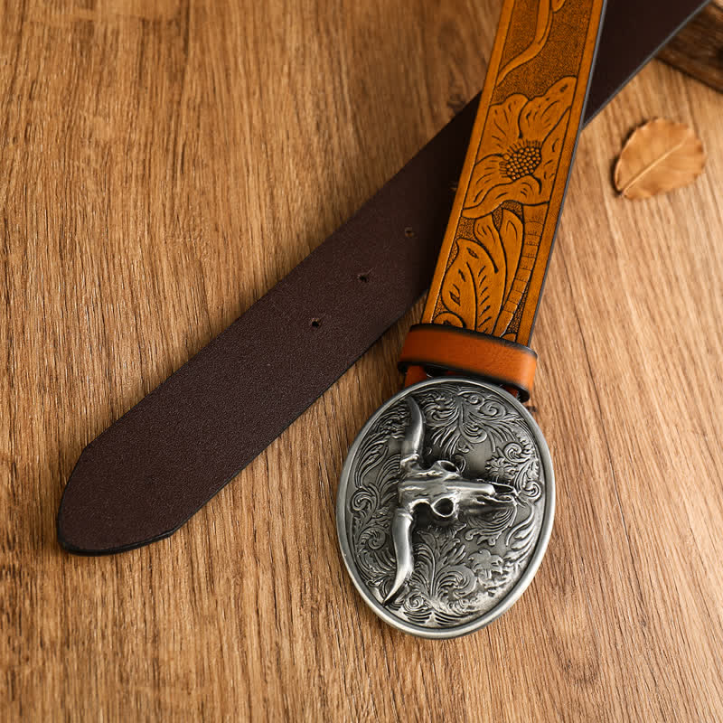 Cintura da uomo in pelle di toro Longhorn floreale vintage - image 1