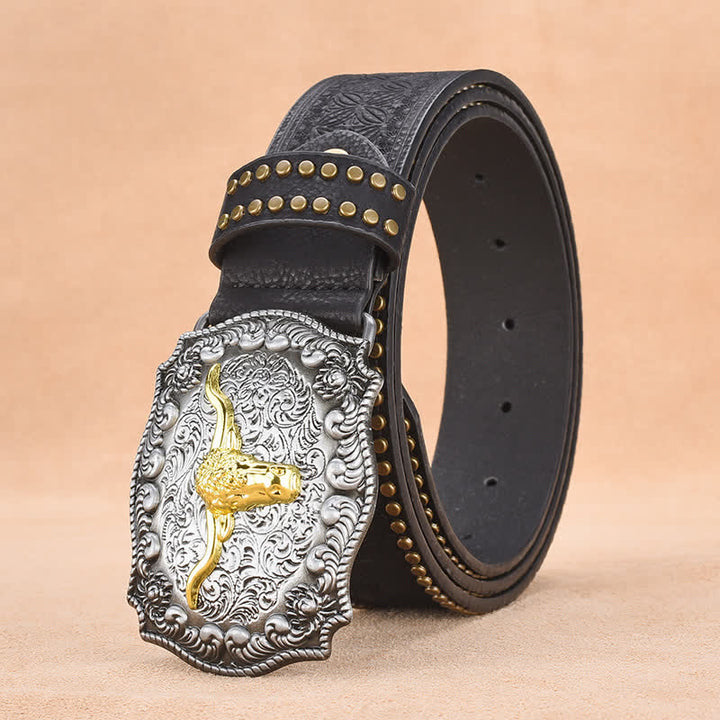 Cintura da uomo in pelle di toro con rivetti punk e corna lunghe dorate - Nero - 44 - image 6