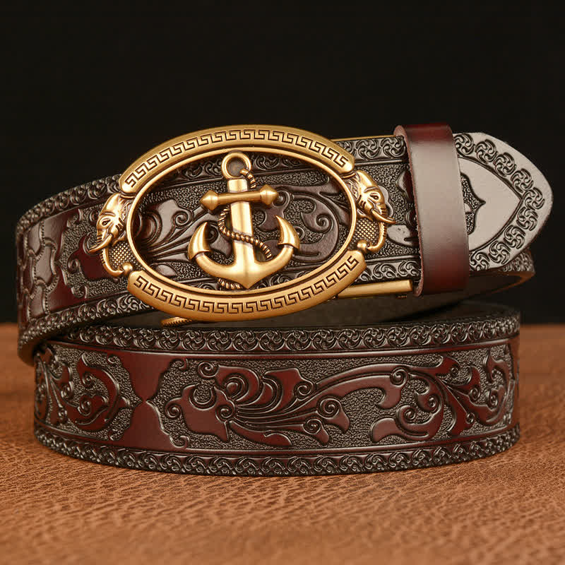 Cintura in pelle con fibbia ad ancora nautica da uomo - Oro e marrone - 46 - image 0
