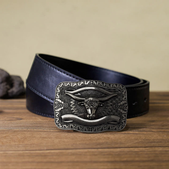 Cintura in pelle fai da te da uomo con fibbia a forma di toro Longhorn quadrato in argento - Testa di toro - Cintura PU nera (40) - image 4