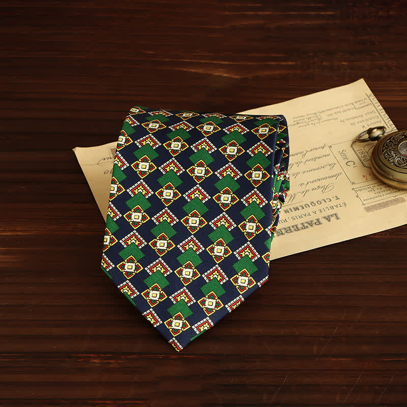 Cravatta geometrica con medaglione di lusso da uomo - Verde e blu navy - image 1