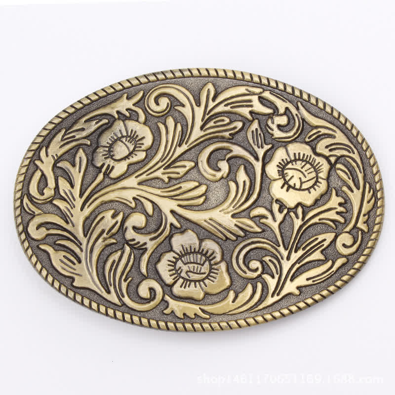Cintura in pelle con fibbia ovale floreale classica fai da te da uomo - Bronzo antico - Senza cintura - image 2