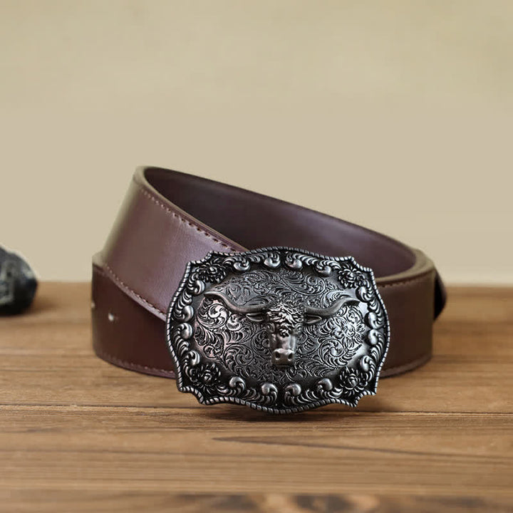 Cintura in pelle fai da te con fibbia in argento anticato Longhorn Bull da uomo - Argento - Cintura PU marrone (40) - image 10