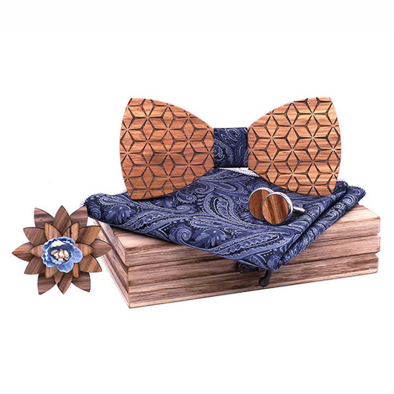 Set di 4 papillon in legno con intaglio geometrico da uomo - Paisley blu navy - image 8