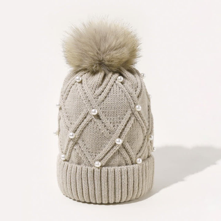 Cappello lavorato a maglia elasticizzato con pompon e perle carine da donna - image 1